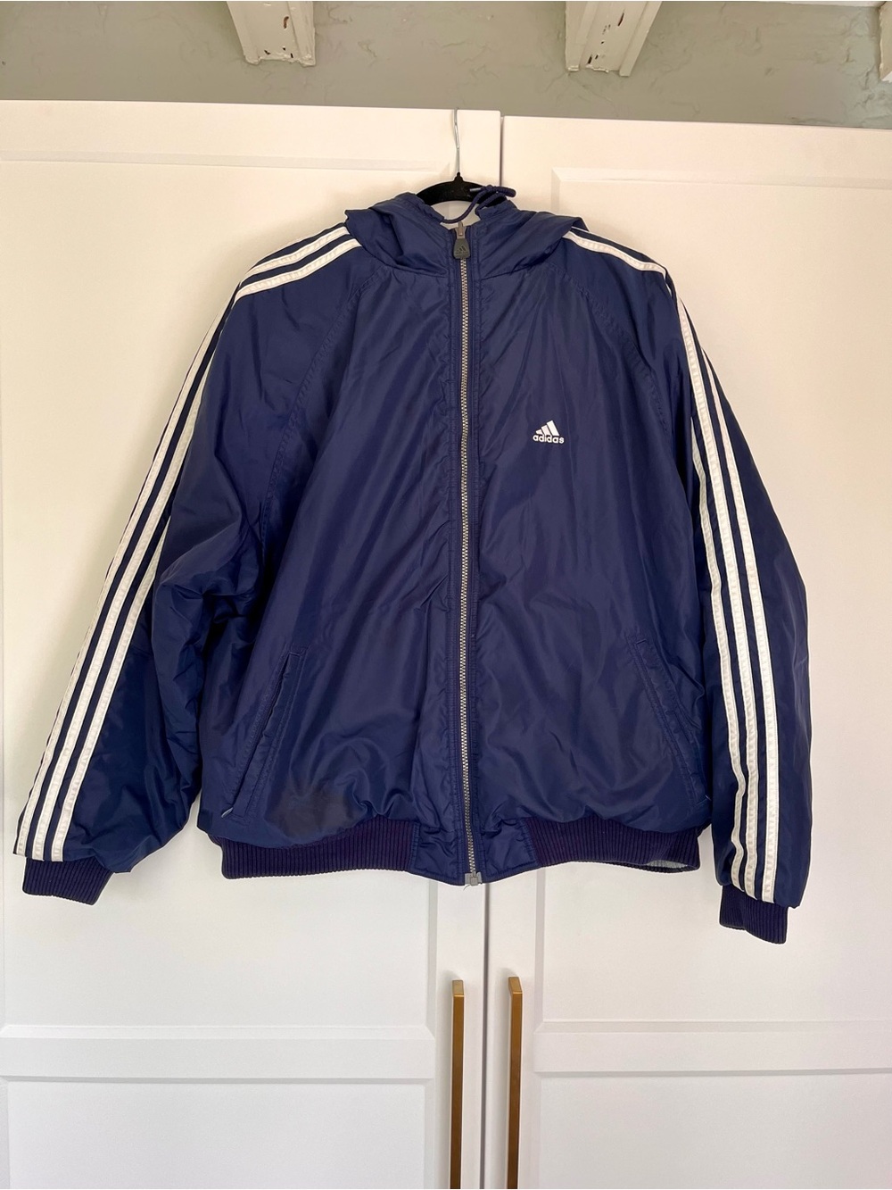 Vintage Adidas 90’s blue and grey reversible zip up outerwear jacket. Size XL.